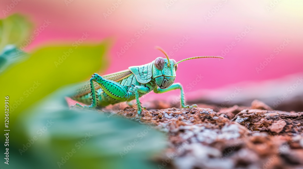 Fototapeta premium Close-up of a vibrant green grasshopper on a pink background