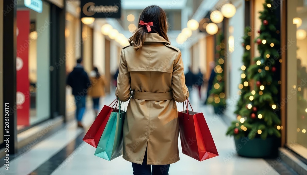 Woman Shopping, Holiday Gifts, Christmas Shopping, Mall, Christmas Tree_ Woman Shopping, Holiday Gifts, Christmas Shopping, Mall, Christmas Tree_