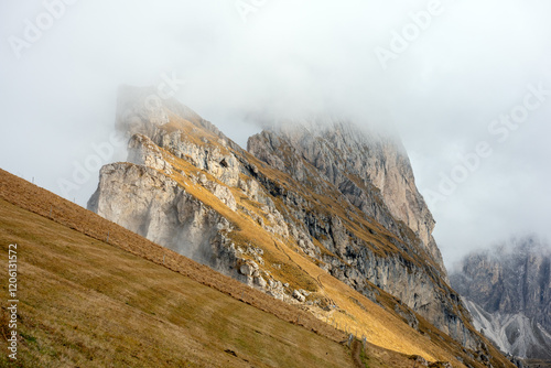 The specular landscape of Seceda mountain in Autumn season, Dolomite, Italy.