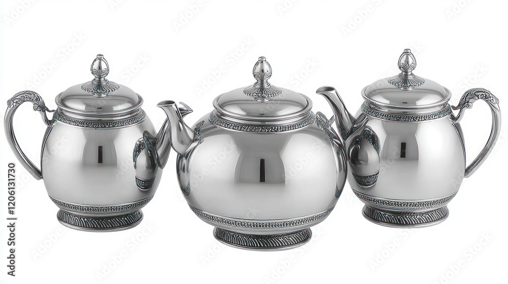 Elegant Silver Tea Set with Ornate Embossed Design Elegant Silver Tea Set with Ornate Embossed Design