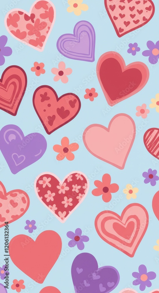 Cheerful Background with Hand-Drawn Hearts and Flowers in Vibrant Colors