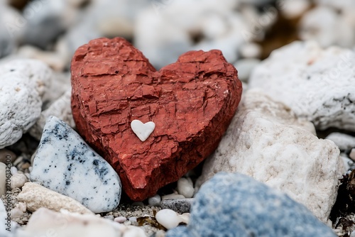 Red heart-shaped rock with smaller white heart on it, placed on pebbles.