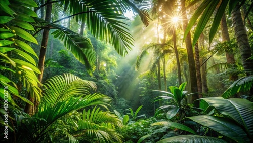 Lush Tropical Rainforest Background: Deep Focus, Vibrant Green Foliage