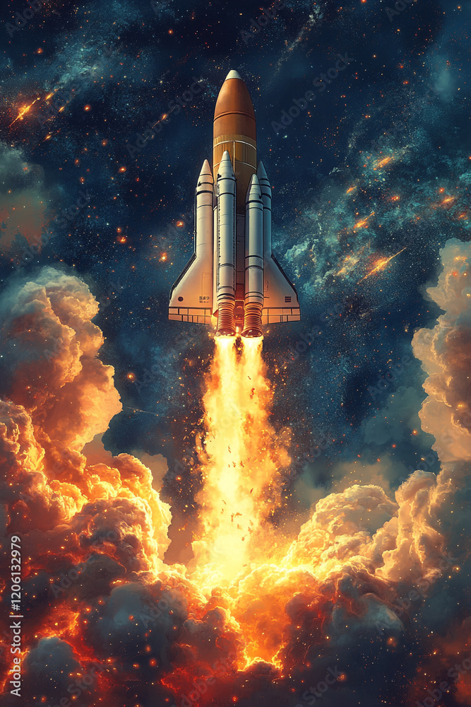 Obraz premium Rocket Launch Through Fiery Clouds Into Space