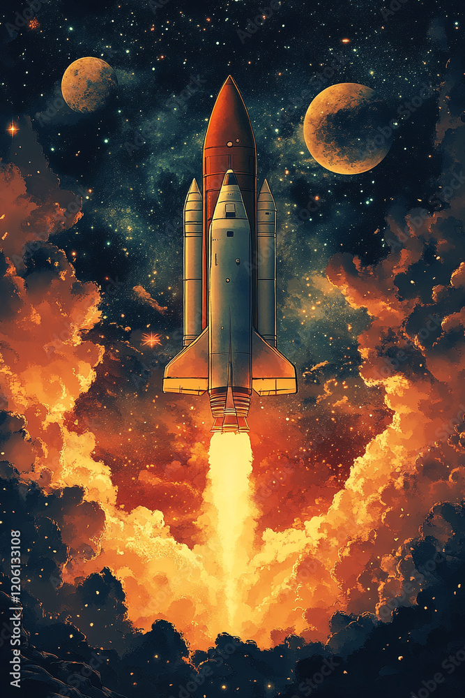 Fototapeta premium Spacecraft Ascending Through Fiery Clouds Towards Distant Planets