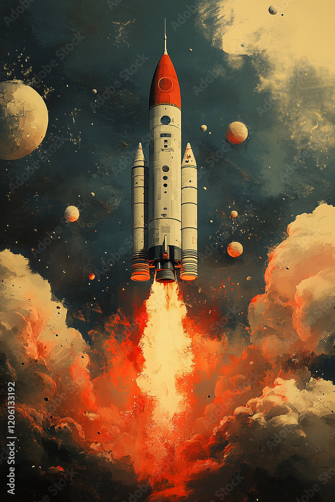 Fototapeta premium Rocket Launch Through Cosmic Clouds And Planets