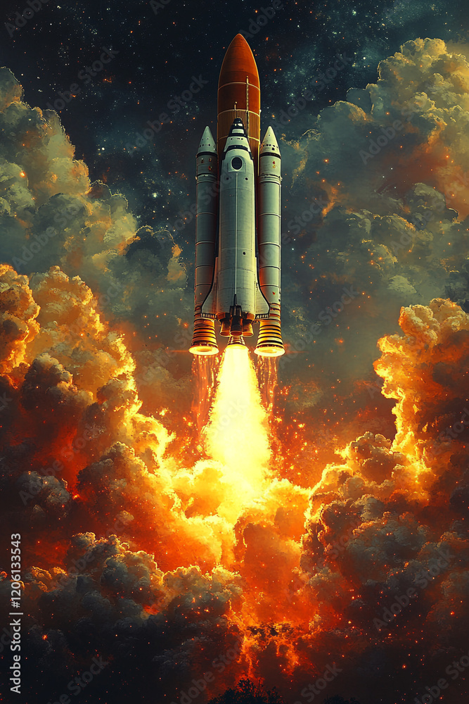 Fototapeta premium Space Shuttle Ascending Through Fiery Clouds