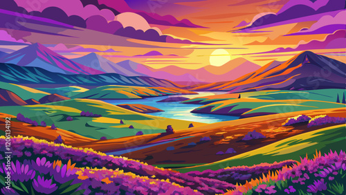 sunset over scottish highlands landscape with purple heather blooms green rolling hills lochs leading to distant mountains beauty