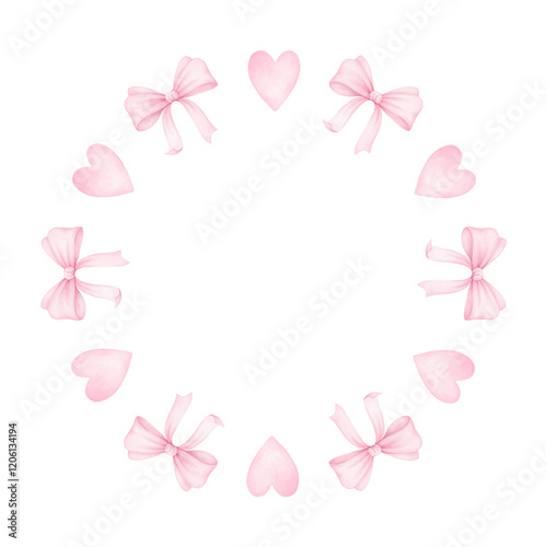 heart, bow. Watercolor round frame template in pastel colors for textile and wrapping paper. Cute watercolor illustration for Valentine's Day