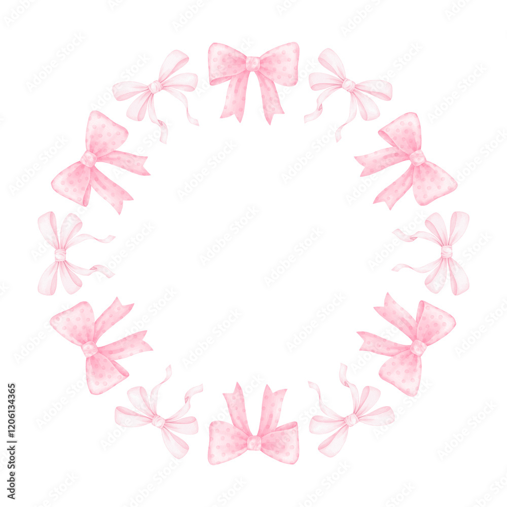 cute festive bows. Watercolor round frame on white background for textile, wrapping paper. Cute children's illustration in pastel colors cute festive bows. Watercolor round frame on white background for textile, wrapping paper. Cute children's illustration in pastel colors