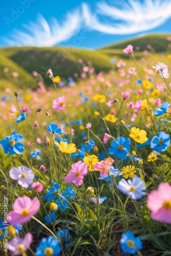 A vast field of colorful wildflowers swaying in the breeze.
