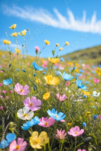 A vast field of colorful wildflowers swaying in the breeze.