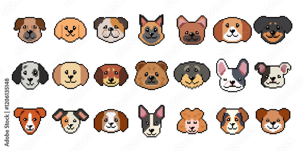 Obraz premium Pixel art different type of dog faces vector in retro style for design.
