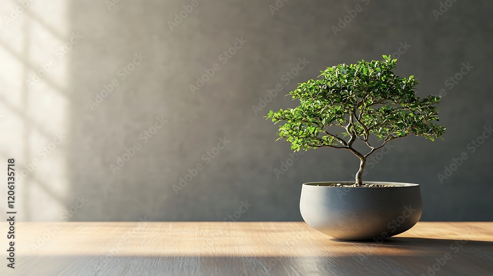 Vibrant small tree in a sleek pot on a wooden table Vibrant small tree in a sleek pot on a wooden table