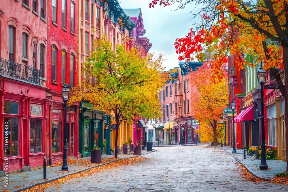 Fototapeta premium The crisp, sun-drenched day highlights historic brick buildings, their colorful storefronts, ornate facades, and charming signs surrounded by vibrant autumn foliage, evoking nostalgic Americana