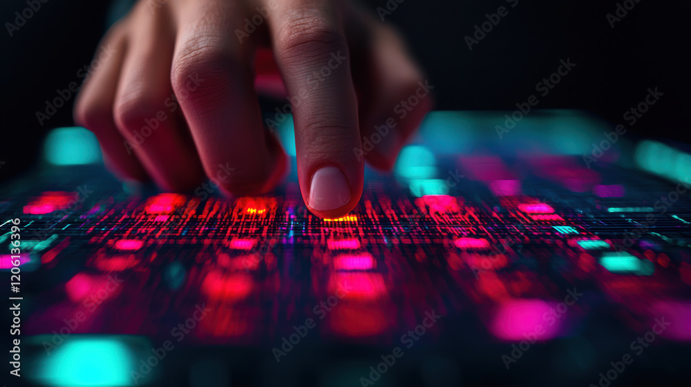 Digital interface with glowing patterns and hand interacting Digital interface with glowing patterns and hand interacting