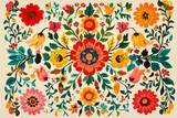 A lively contemporary set of traditional Mexican folk decorations, featuring symmetrical patterns of vivid flowers and foliage on a light background, ideal for textile printing and home decor
