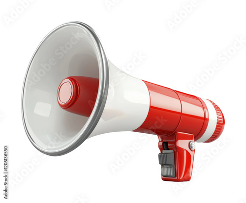 Bright red megaphone for outdoor events, gatherings, or campaigns held during the day in a lively urban setting isolated on transparent background