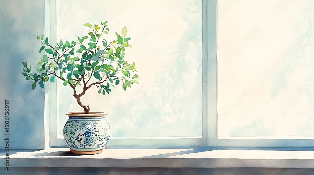 Green small tree in a decorative pot on a light-filled windowsill