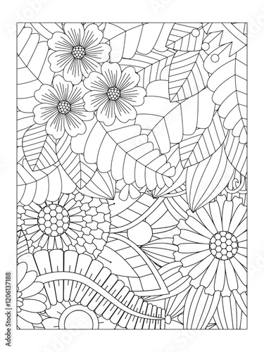 Doodle floral pattern in black and white. Page for coloring book. For adult and kids. Doodle floral drawing. Art therapy coloring page.