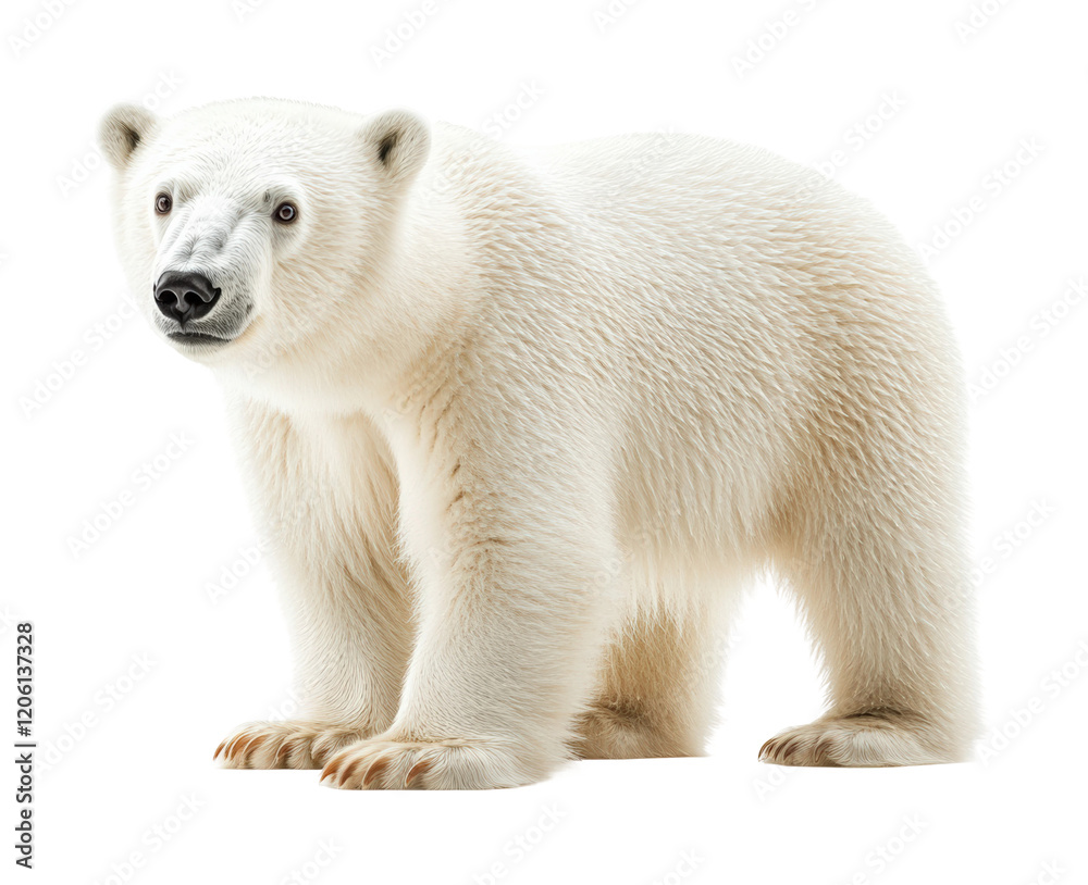 Polar bear standing on white background showcasing impressive fur and stature in a natural pose isolated on transparent background Polar bear standing on white background showcasing impressive fur and stature in a natural pose isolated on transparent background