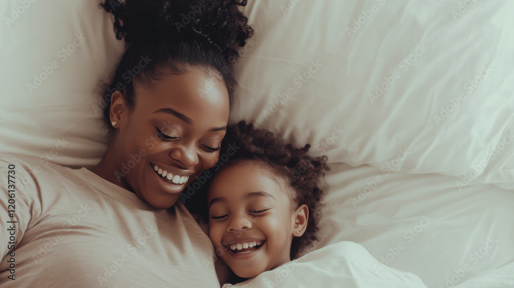 Loving moments shared between mother and daughter in cozy bed during morning light Loving moments shared between mother and daughter in cozy bed during morning light