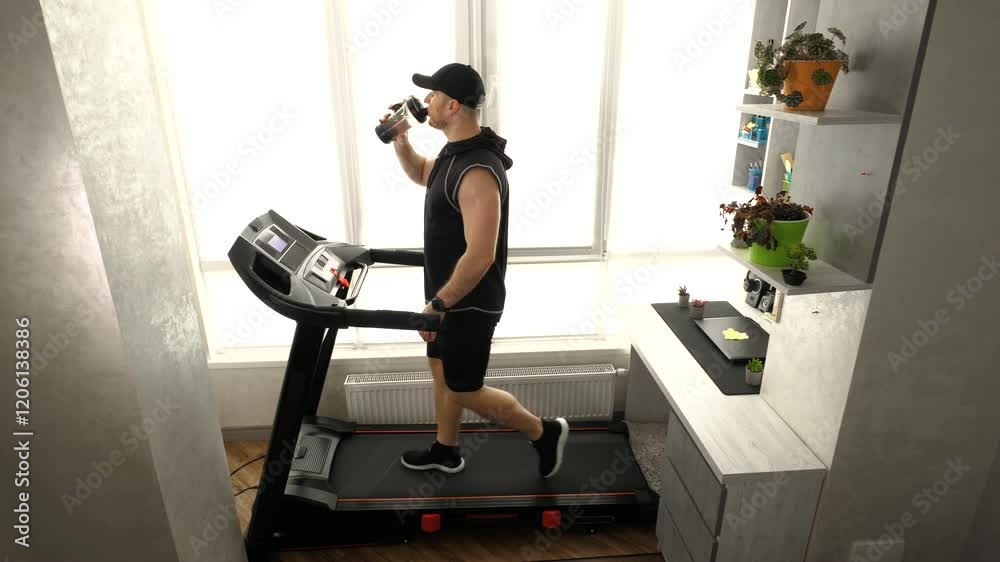 A young man is walking on a treadmill in an apartment. An athlete during a cardio workout drinks water. Slow motion. A young man is walking on a treadmill in an apartment. An athlete during a cardio workout drinks water. Slow motion.