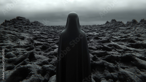 Hooded faceless figure standing in a dark surreal landscape