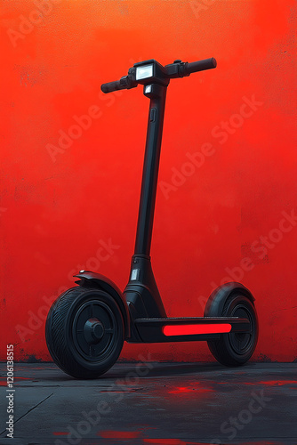 Sleek Black Electric Scooter Against Red Wall