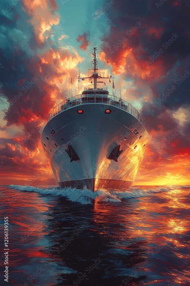 Fototapeta premium Warship Sailing into a Fiery Sunset Ocean
