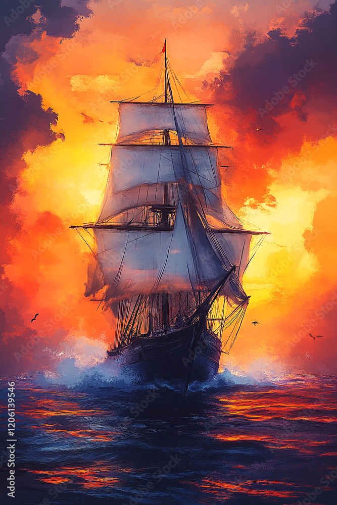Obraz premium Majestic Tall Ship Sailing Into Fiery Sunset Skies