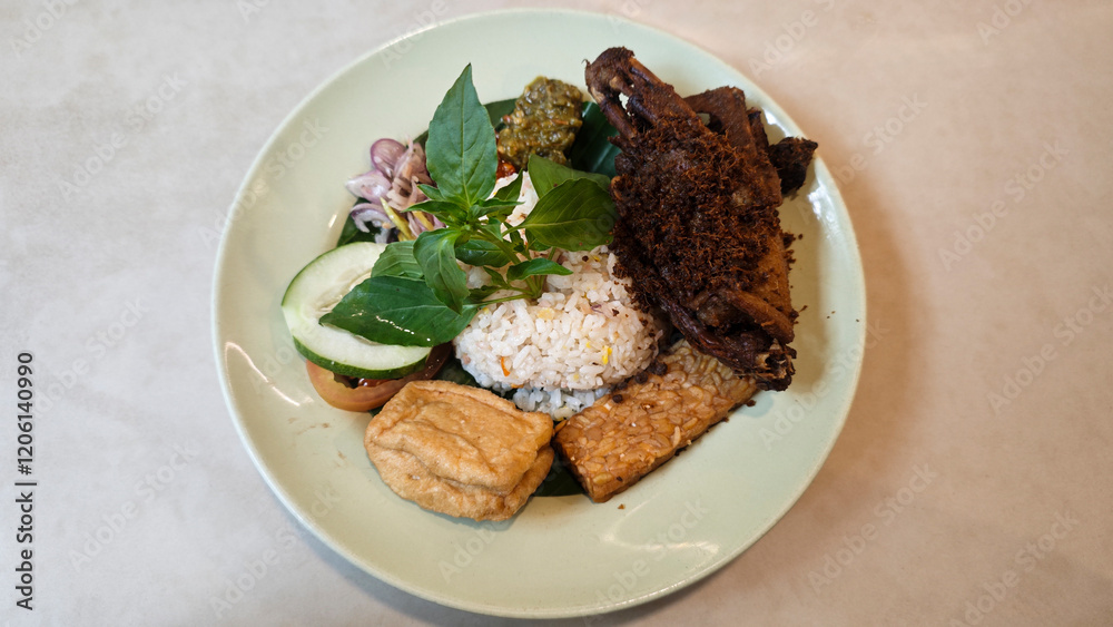 Traditional Indonesian Kecombrang Rice with Fried Spiced Duck Tempeh Tofu Assorted Sambals Fresh Basil and Cucumber Served on a Light Green Plate on Neutral Table Background Traditional Indonesian Kecombrang Rice with Fried Spiced Duck Tempeh Tofu Assorted Sambals Fresh Basil and Cucumber Served on a Light Green Plate on Neutral Table Background