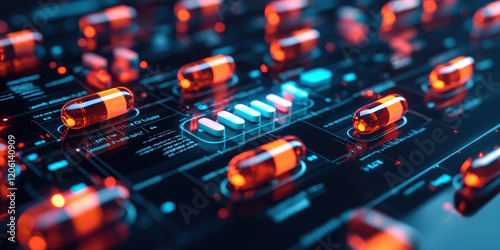 Close up of holographic pills on digital interface with dosage instructions