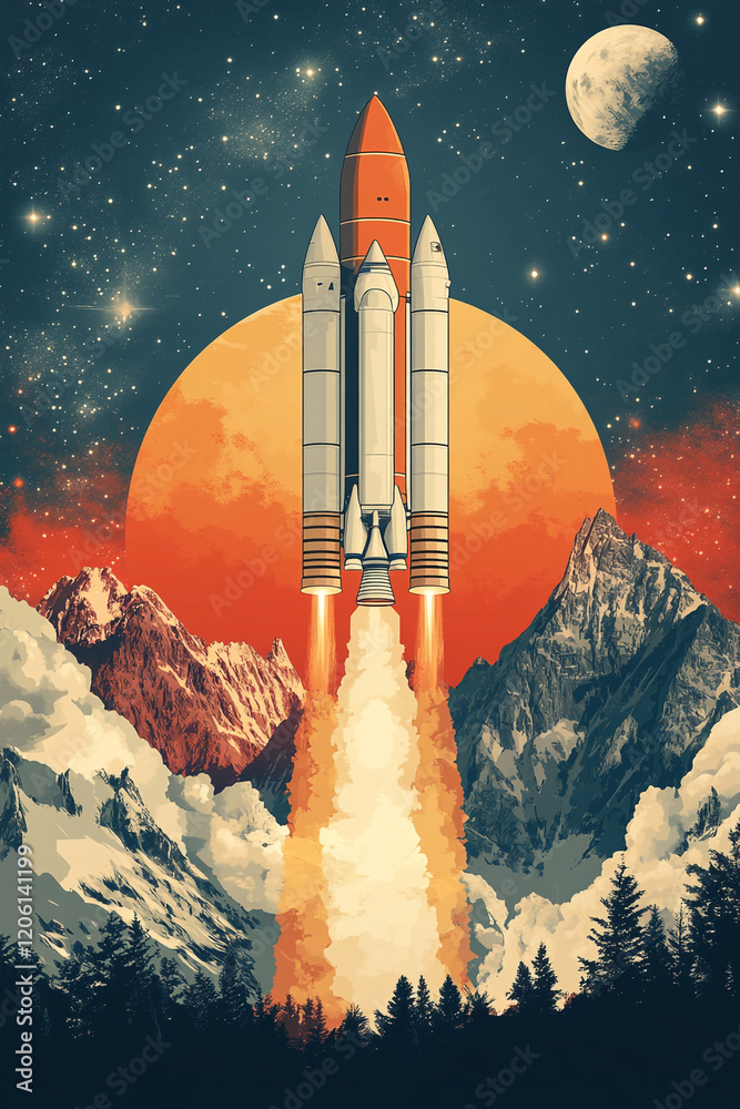 Naklejka premium Spacecraft Ascending Through Majestic Mountain Range