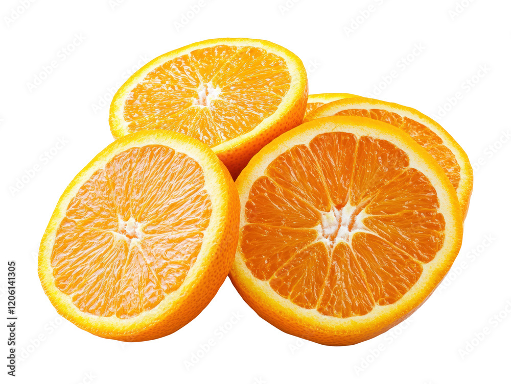 Freshly cut orange slices arranged beautifully on a white surface isolated on transparent background Freshly cut orange slices arranged beautifully on a white surface isolated on transparent background