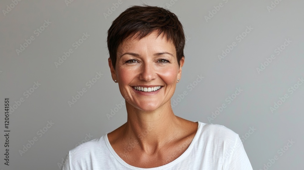 A radiant European American woman, 28, with black hair and a charming smile, in a white V-neck t-shirt, photographed against a white background A radiant European American woman, 28, with black hair and a charming smile, in a white V-neck t-shirt, photographed against a white background