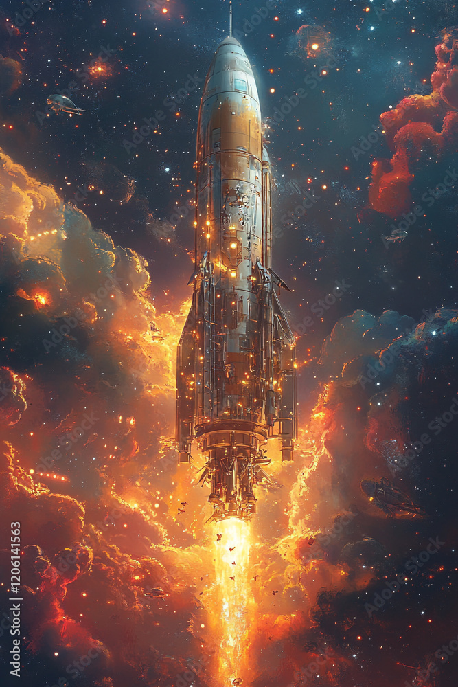 Fototapeta premium A Retro Rocket Ascending Through Fiery Cosmic Clouds