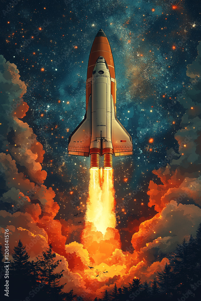 Fototapeta premium Spacecraft Ascending Through Fiery Clouds Towards Stars