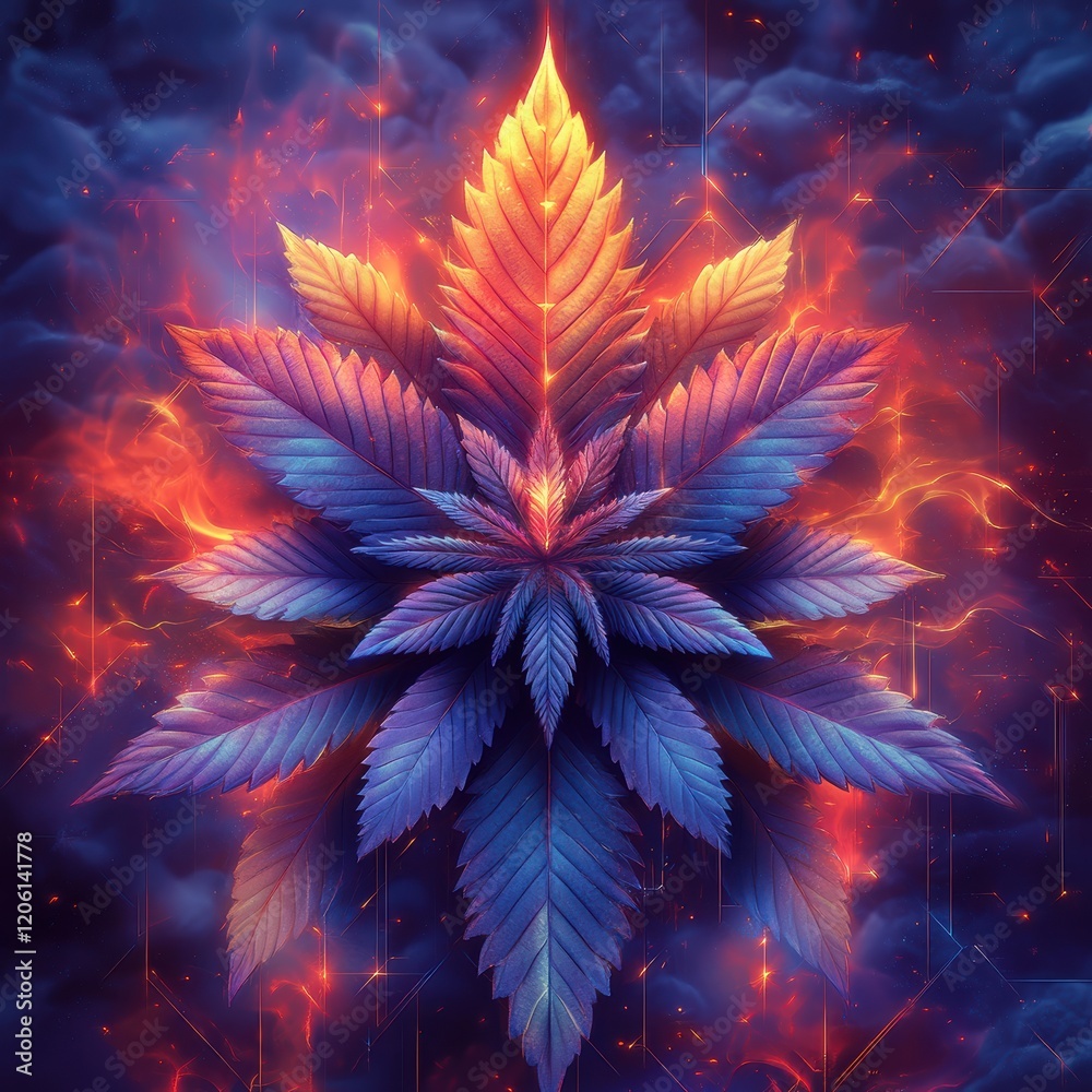 Vibrant Cannabis Leaf in Fiery Digital Art Vibrant Cannabis Leaf in Fiery Digital Art