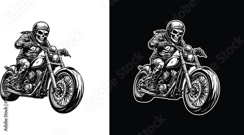 Vintage Skeleton Biker Riding a Motorcycle in Tattoo-Inspired Black and White Vector Illustration