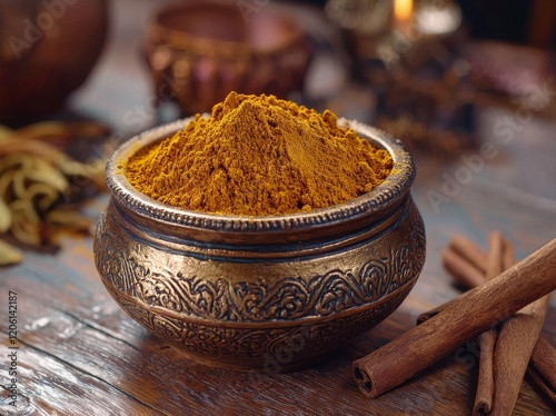 A wooden surface adorned with natural sandalwood powder, surrounded by sandalwood sticks and decorative Indian pottery, emanates a sense of tranquility and traditional elegance photo