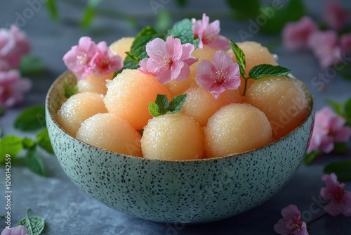 Delicious honeydrew melon balls garnished with pink flowers and mint leaves in a decorative bowl photo