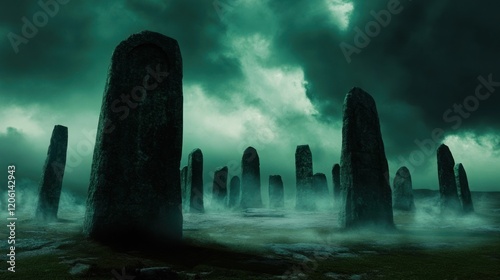 Mysterious ancient stone circle shrouded in eerie fog under dramatic sky. photo