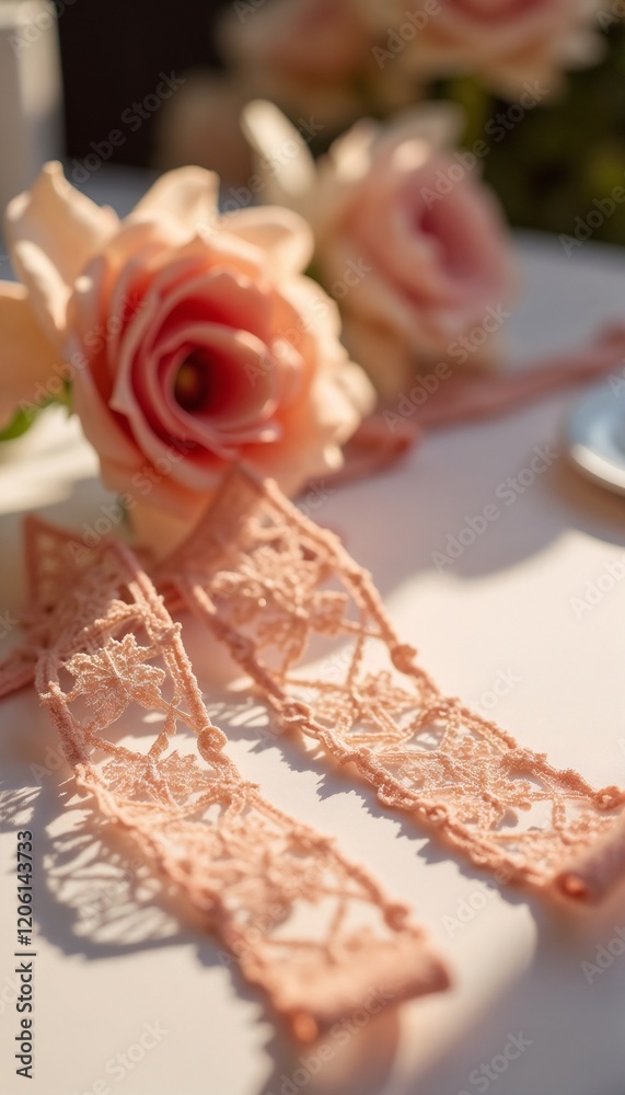 Pink Lace Ribbon with Roses Wedding Detail Pink Lace Ribbon with Roses Wedding Detail