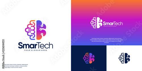 Artificial intelligence logo with human brain concept, future tech, graphic design template.