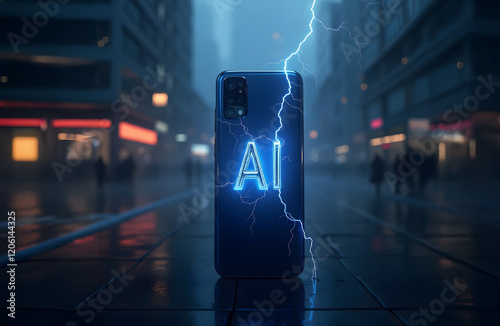 Mobile phone with AI technology in a busy street at night