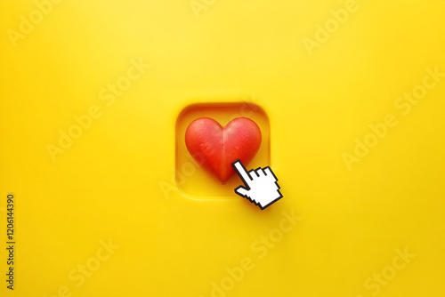 red organic heart-shaped button on a yellow background with a white hand-shaped cursor placed above the heart - love boutton valentine's day