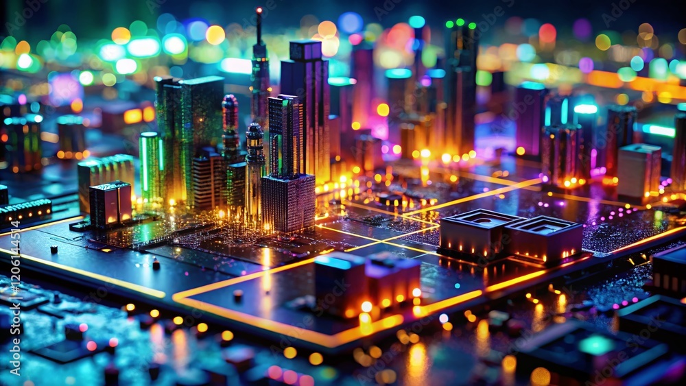 Obraz premium Macro Cityscape: Vibrant Digital Energy Flowing Through Circuits