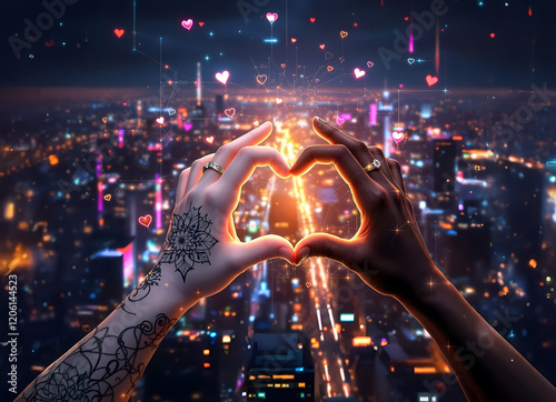 Two multi racial hands making a heart in a bustling city, depicting the connection of technology