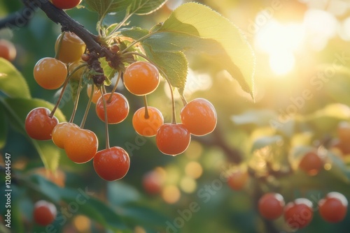 Cherry tree branches with ripe cherries illuminated by golden sunlight during late afternoon photo